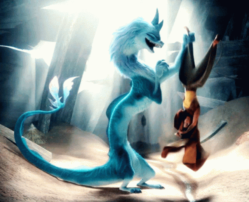Blue Dragon Standing Next to Brown Monkey