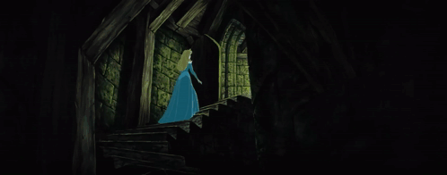Blue Dress Cartoon Character in Dark Tunnel