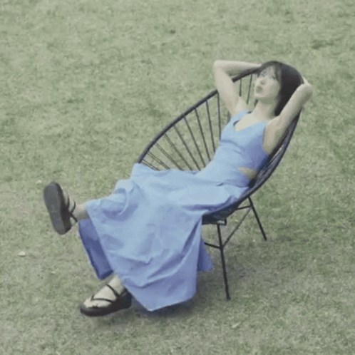 Blue Dress Woman On Chair With Flip Flops GIF