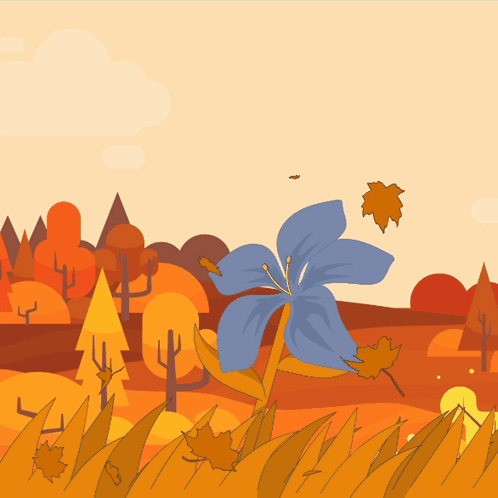 Blue Flower in Field With Falling Leaves