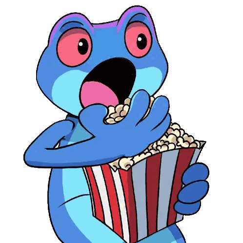Blue Frog Holding Striped Popcorn Bucket