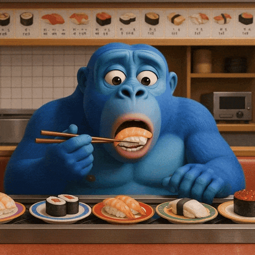 Blue Gorilla Eating Sushi With Chopsticks GIF