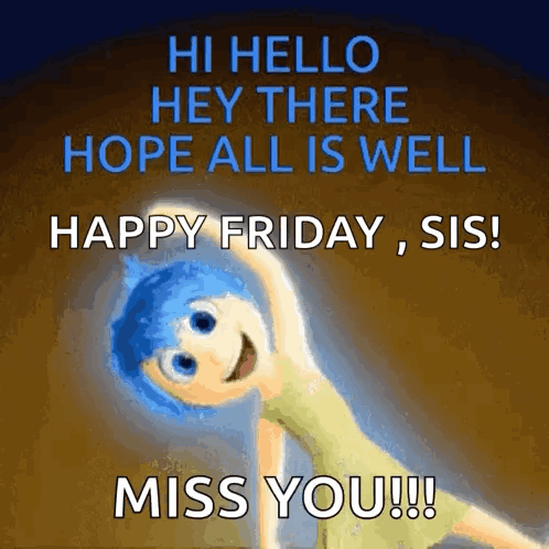 Blue Hair Cartoon Saying Happy Friday Miss You Sis GIF