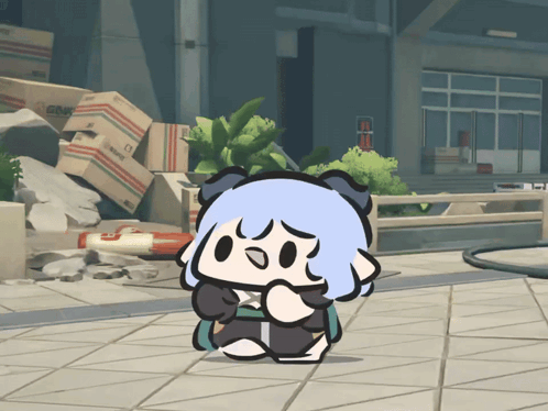 Blue Hair Cartoon Standing in Front of GMC Boxes
