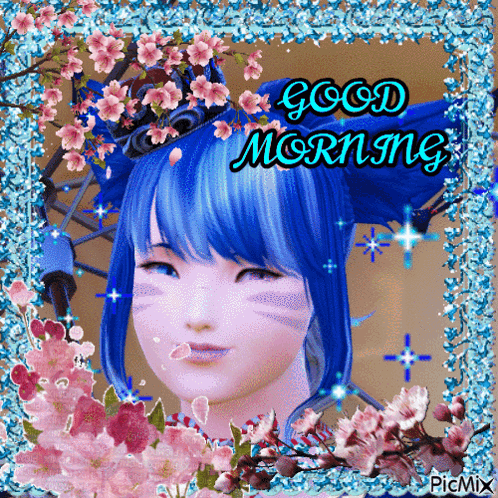 Blue Hair Girl Surrounded By Flowers Good Morning GIF
