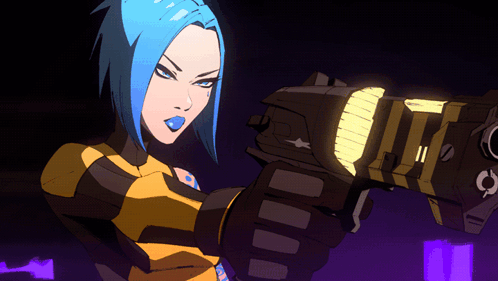 Blue Hair Woman Holding Number 11 Gun GIF