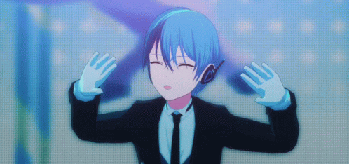 Blue Haired Anime Character in Suit Tie and Headphones