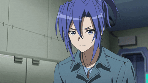 Blue-Haired Anime Character Ponytail Looking at Camera
