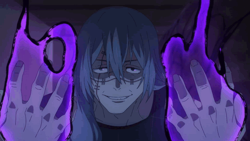Blue Haired Anime Character With Purple Glowing Hands Smiling