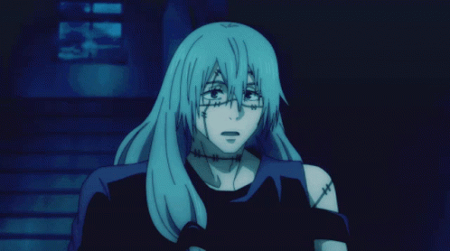 Blue Haired Anime Character With Stitches on Arms
