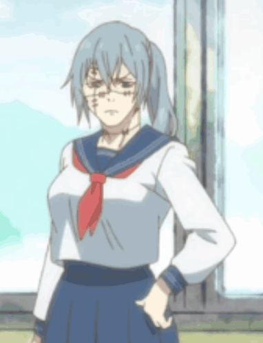 Blue Haired Anime Character With Stitches on Face