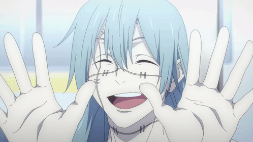 Blue Haired Anime Character With Stitches on Face