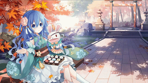 Blue Haired Anime Girl Holding Rabbit on Bench
