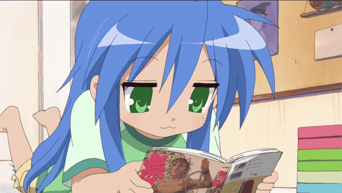 Blue Haired Anime Girl Reading Book