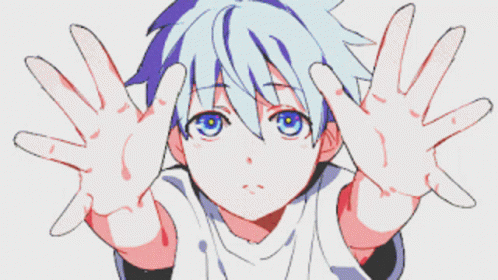 Blue-Haired Boy in Red Shirt Hands Outstretched