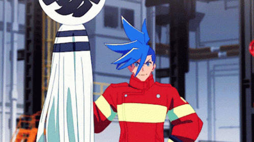 Blue Haired Cartoon Character Next to White Statue