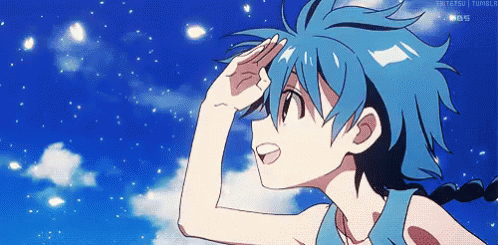 Blue-Haired Cartoon Character Salutes Sky GIF