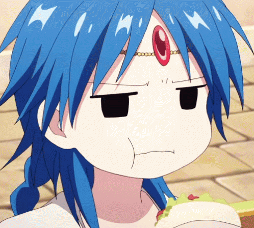 Blue-Haired Cartoon Character With Red Stone on Forehead