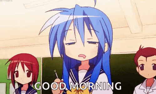 Blue-Haired Cartoon Girl Saying Good Morning at Blackboard