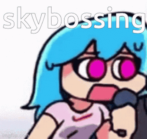 Blue Haired Cartoon Girl with Pink Eyes Singing Microphone Sunglasses