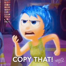 Blue Haired Cartoon Holding Phone Saying Copy That
