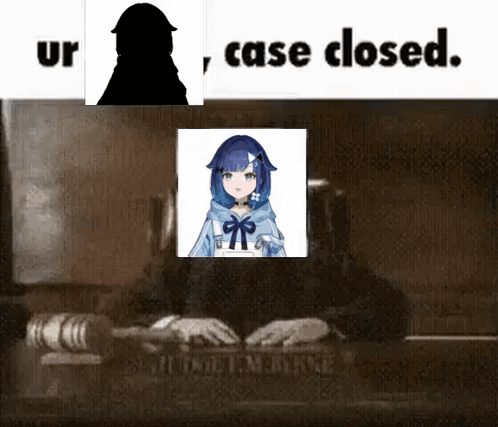 Blue-Haired Girl Behind Case Closed Sign