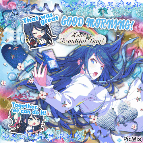 Blue-Haired Girl Holding Phone Saying Good Morning GIF