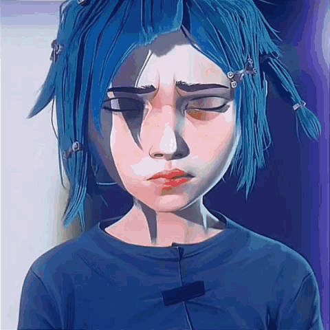 Blue Haired Girl in Blue Shirt Sad Face