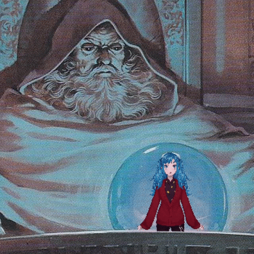 Blue-Haired Girl in Front of Bearded Man Statue