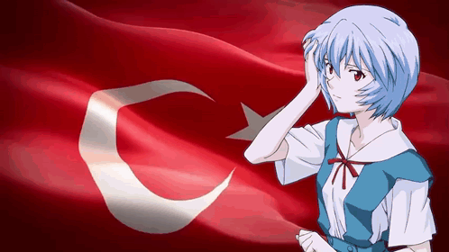 Blue-Haired Girl in Front of Red Flag