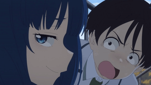 Blue-Haired Girl Making Face With Hands GIF