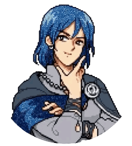 Blue Haired Man Hand on Chin