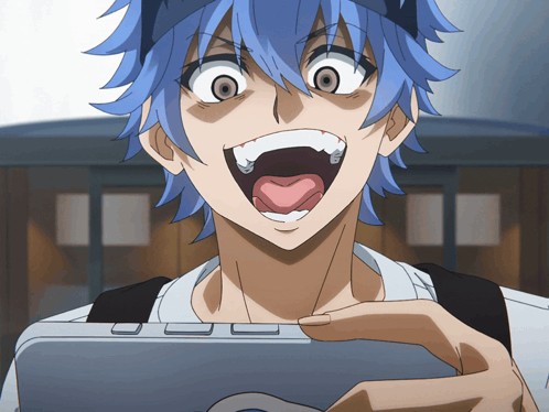 Blue-Haired Man Holding Game Controller Mouth Open GIF