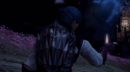 Blue-Haired Man in Pink Flower Field at Night