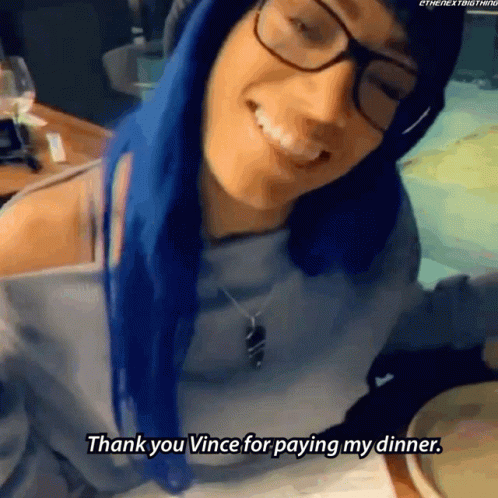 Blue-Haired Woman in Glasses Thanks Vince for Dinner