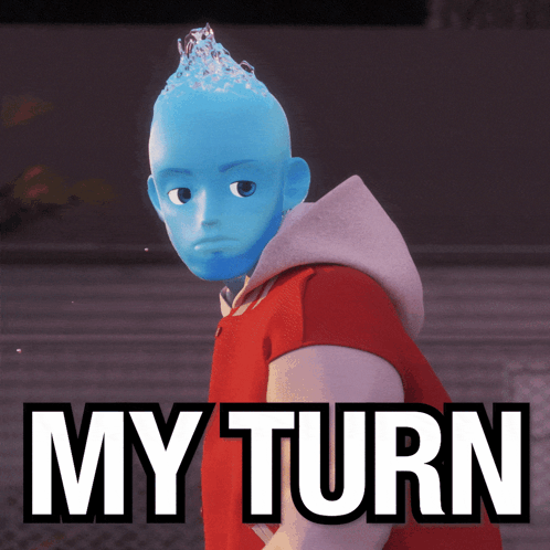 Blue Head Cartoon Saying My Turn GIF