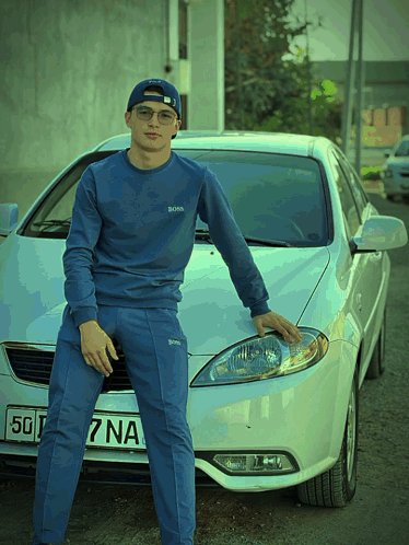 Blue Hugo Boss Sweatshirt Man Leaning On White Car GIF