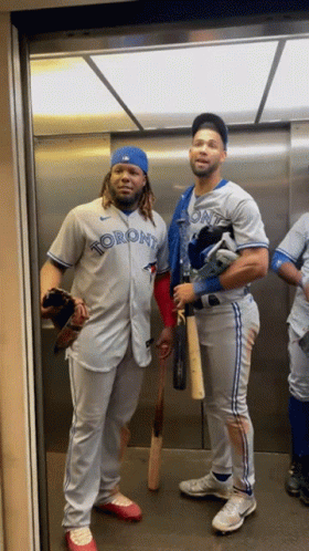 Blue Jays Baseball Players Waving Inside Elevator GIF
