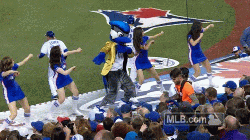 Blue Jays Mascot Dancing With Cheerleaders