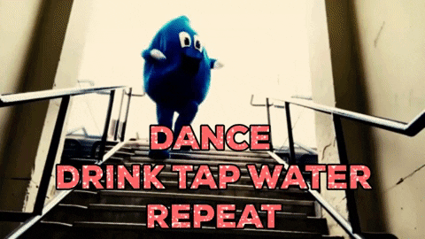 Blue Mascot Dance Drink Water Repeat GIF
