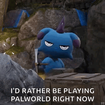 Blue Monster Holding Hammer Saying I'd Rather Be Playing Palworld Right Now