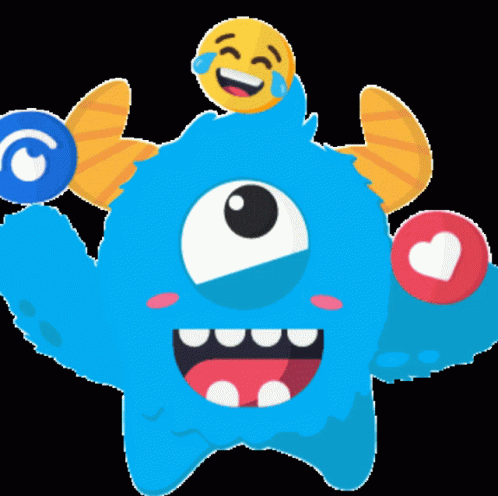 Blue Monster Juggling Emojis Cartoon GIF