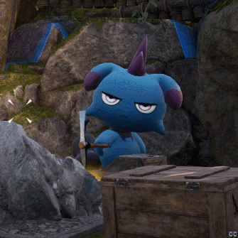 Blue Monster with Purple Horns Beside Box Saying CC