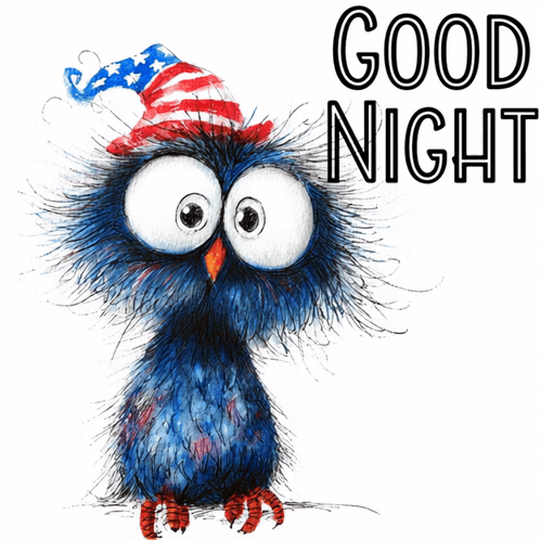 Blue Owl in Red White and Blue Hat Saying Good Night