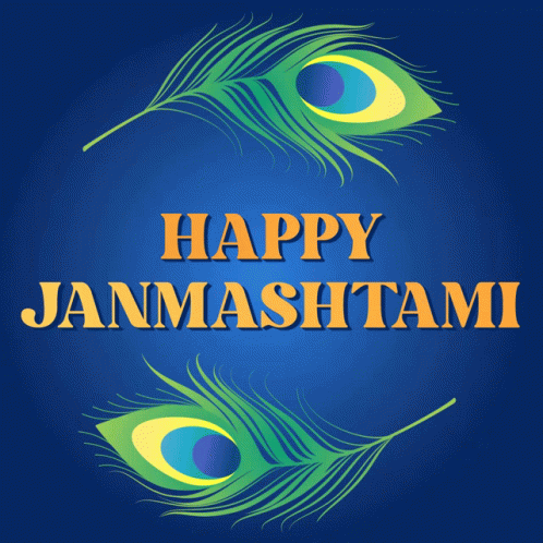 Blue Peacock Feathers Happy Janmashtami Orange