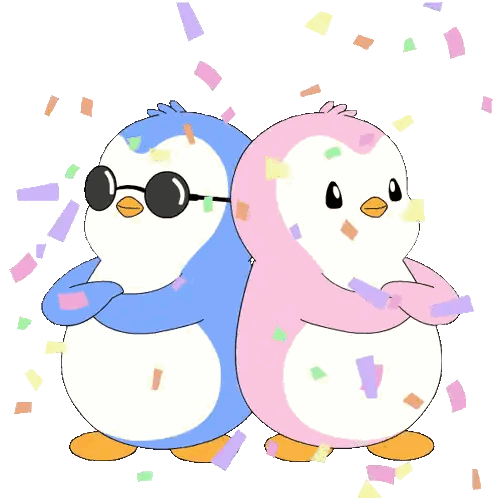 Blue Penguin and Pink Penguin with Confetti