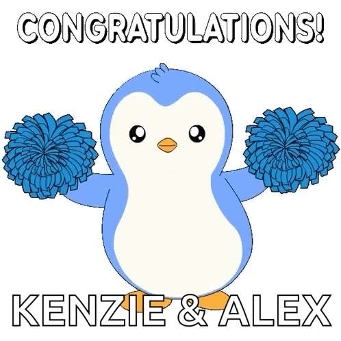 Blue Penguin Holding Blue Pom Poms Congratulations Kenzie & Alex GIF