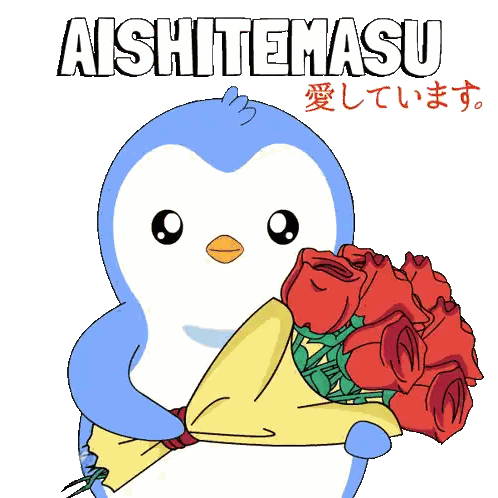 Blue Penguin Holding Red Roses Aishitemasu