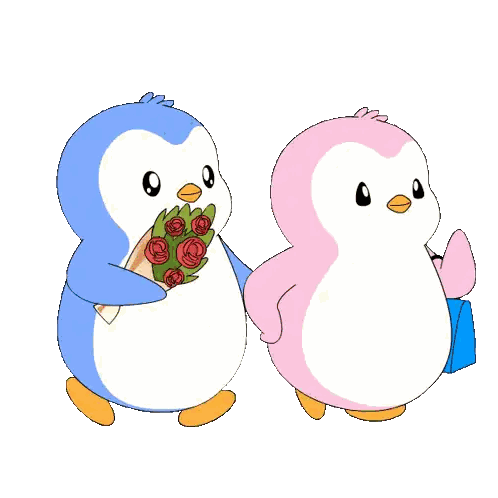 Blue Penguin Holding Roses and Pink Penguin Holding Gift