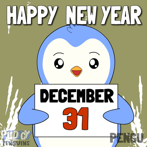 Blue Penguin Holding Sign Saying December 31